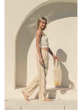 Light Beige Linen Wide-Leg Pants — Women Drawstring Size L